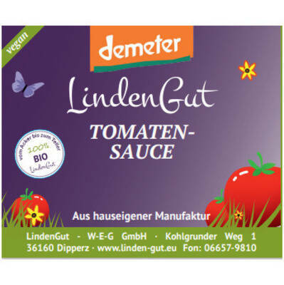 Ein buntes Etikett auf dem steht: Demeter, LindenGut, Tomaten-Sauce.