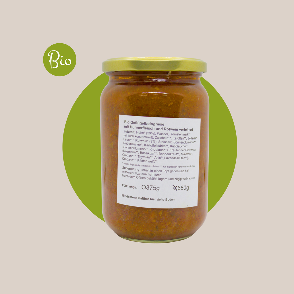 Bio Geflügelbolognese mit Hühnerfleisch und Rotwein verfeinert