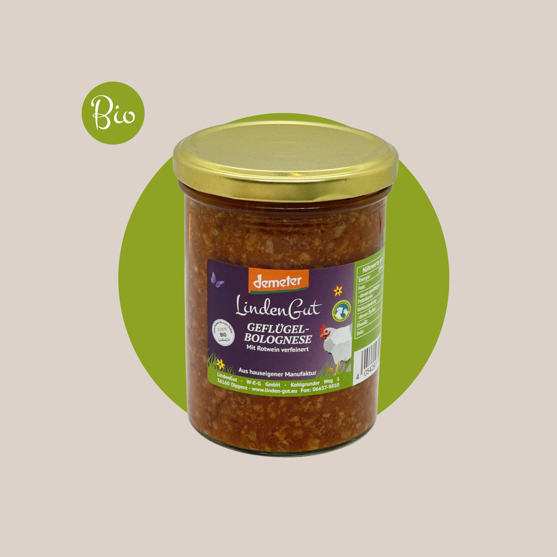 Bio Geflügelbolognese mit Hühnerfleisch und Rotwein verfeinert