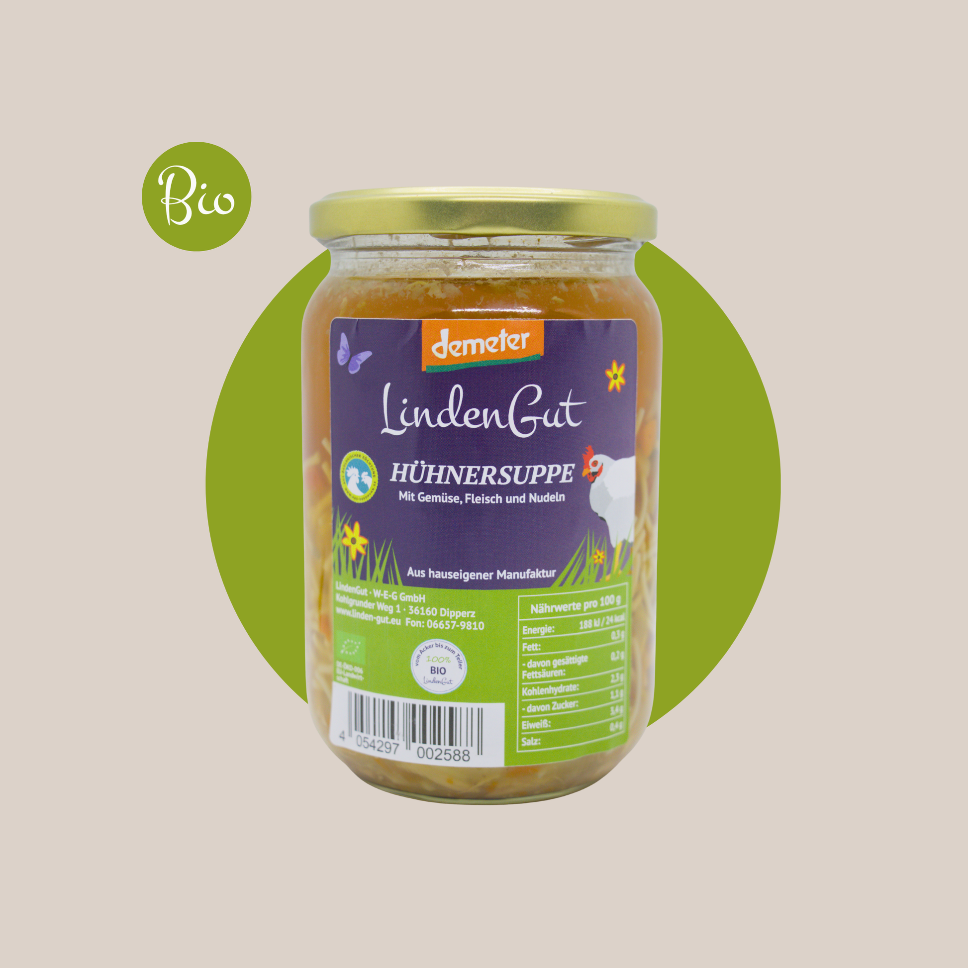 Bio-Hühnersuppe mit Gemüse, Nudeln und Hühnerfleisch